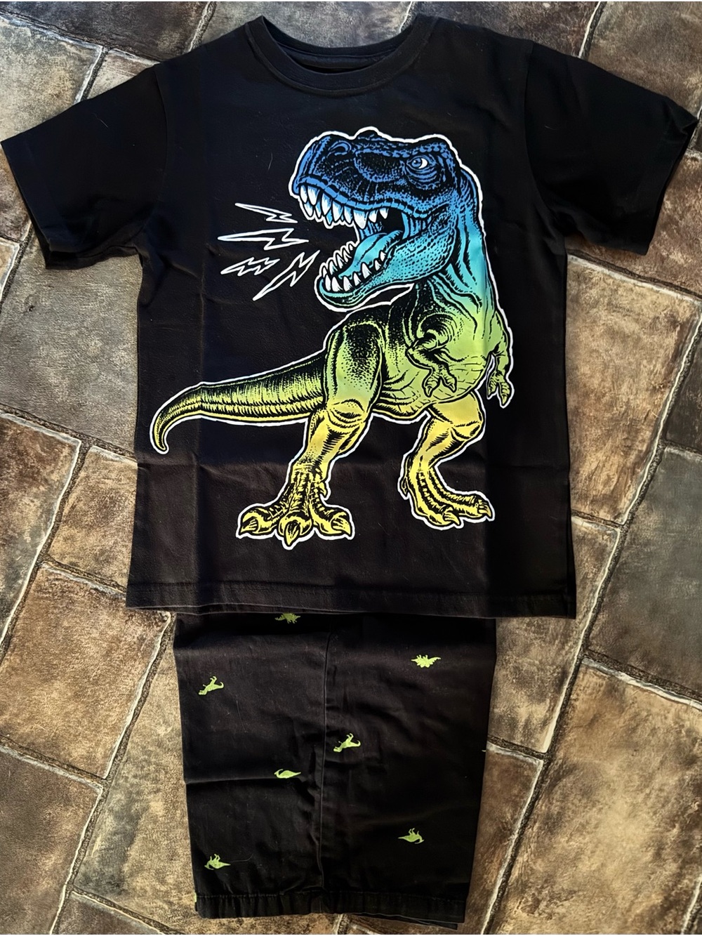 Garanimals Black T‑Rex Pajama Set with Neon Blue & Green Graphic
